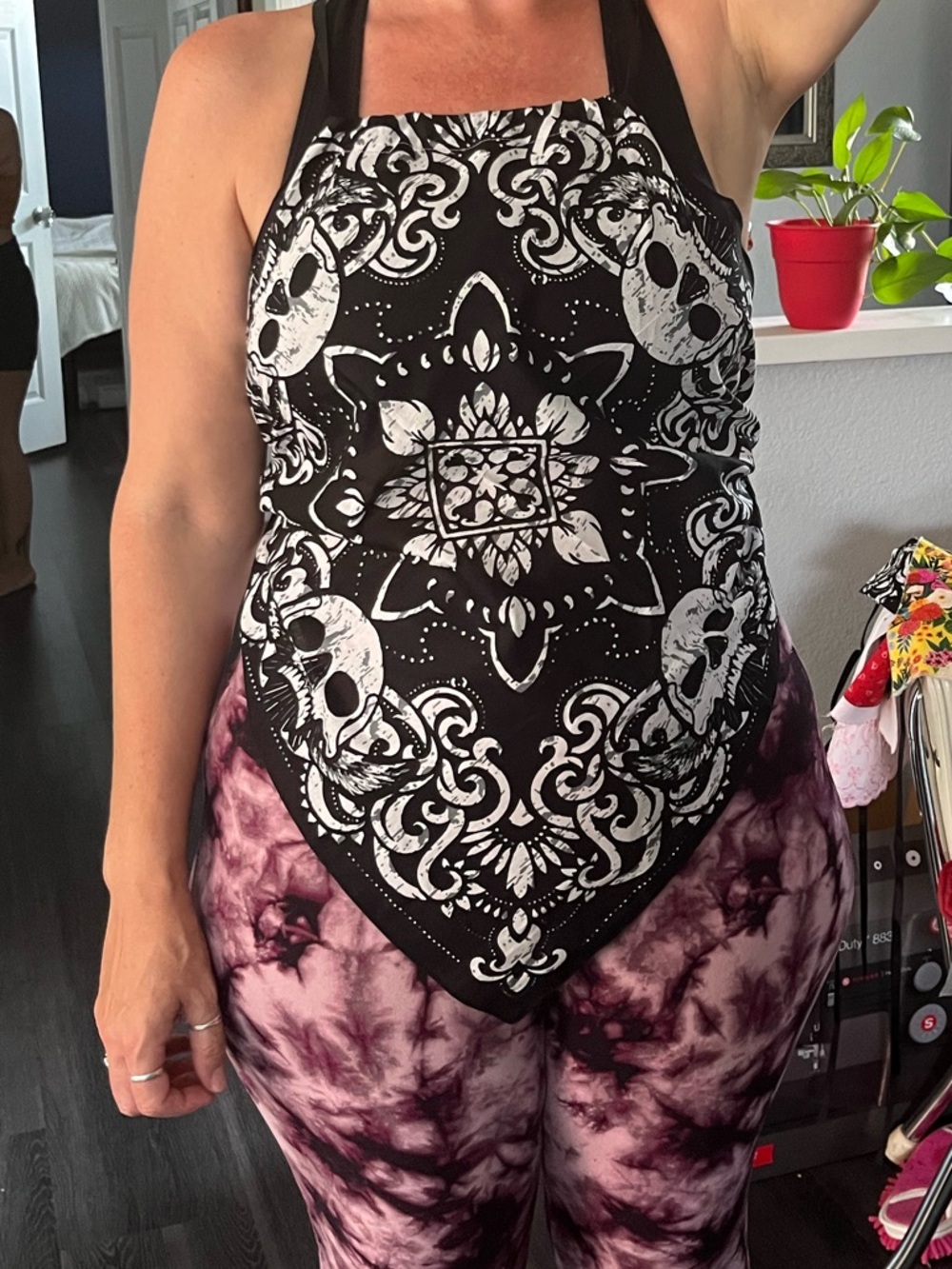 Sexy Strappy back Black Bandana-Print Halter Top with Skull Motif L/XL